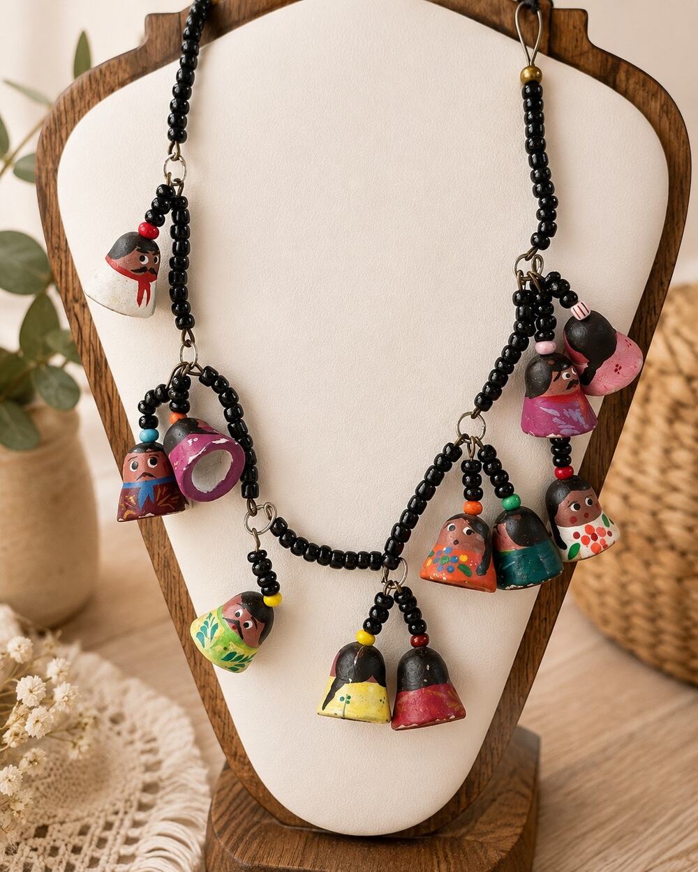 Vintage Hand Painted Doll Necklace Folk Art Guatemala Style